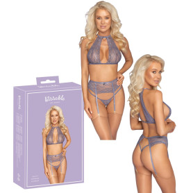 Completo intimo donna set tanga reggicalze reggiseno lavanda con pizzo