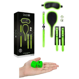 Set per giochi sadomaso morso manette spanker dadi maschera occhi Bondage Kit 1 - Glow in the Dark - Neon Green/Black