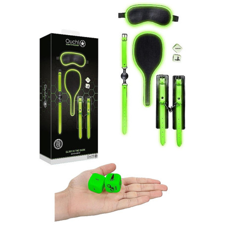 Set per giochi sadomaso morso manette spanker dadi maschera occhi Bondage Kit 1 - Glow in the Dark - Neon Green/Black