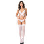 Completo intimo reggiseno perizoma bianco trasparente in pizzo con reggicalze e velo Bra & Garter Panty Set