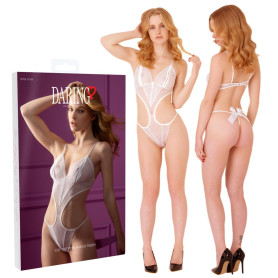 Body g string donna bianco trasparente con pizzo Cut-out Peek-a-Boo Teddy