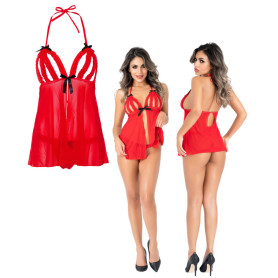 Babydoll donna con perizoma erotico sexy rosso trasparente Peek-a-boo Ruffle