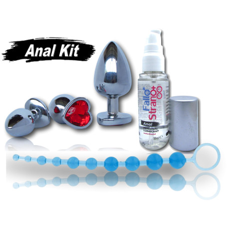 RED ANAL KIT FALLO STRANO Set lubrificante plug con pietra a cuore rosso e fallo a sfere