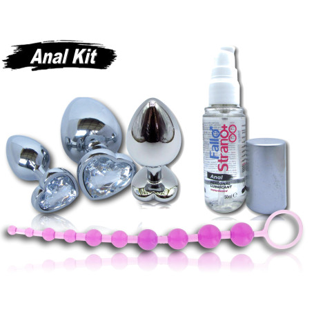 WHITE ANAL KIT FALLO STRANO Set lubrificante plug con pietra a cuore trasparente e fallo a sfere