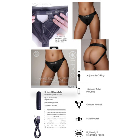 Slip con vibrazione imbracatura Vibrating Strap-on Panty Harness Open Back Black