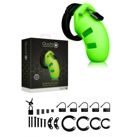 Cintura di castità bondage cock cage sadomaso Model 20 Cock Cage - 3,5'' - GitD - Neon Green/Black