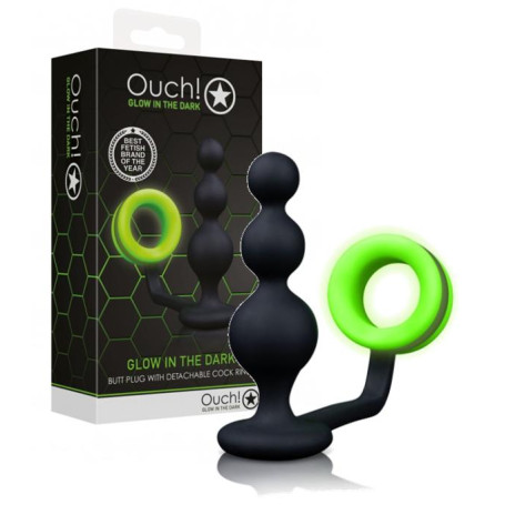 Anello fallico con plug anale in silicone Beads Butt Plug with Cock ring glow in the dark