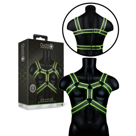 Pettorina bondage uomo sexy imbracatura sadomaso Body Harness - Glow in the Dark - Neon Green/Black