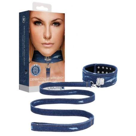 Collare con guinzaglio sadomaso sexy costrittivo Collar With Leash Roughend Denim Style Blue