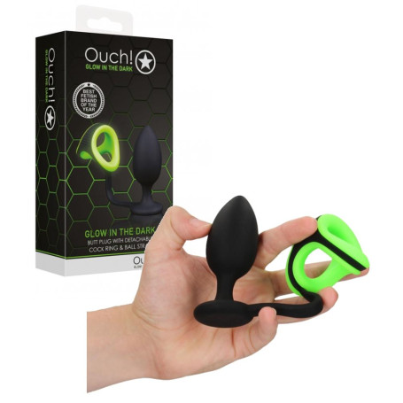 Plug anale in silicone con anello fallico Butt Plug Cock Ring & Ball Strap GitD Neon Green/Black