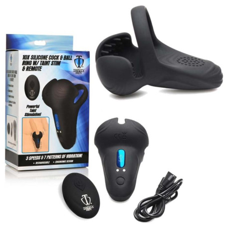 Masturbatore maschile in silicone per pene e testicoli 10X Silicone Cock & Ball Ring + Taint Stim - Black