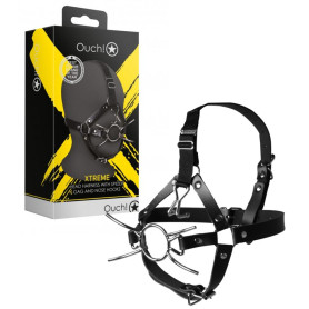 Imbracatura viso sadomaso con morso Head Harness with Spider Gag and Nose Hooks Black