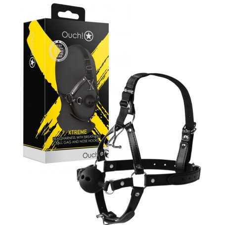 Imbracatura viso bondage con morso e gancio per naso Head Harness with Breathable Ball Gag and Nose Hooks Black