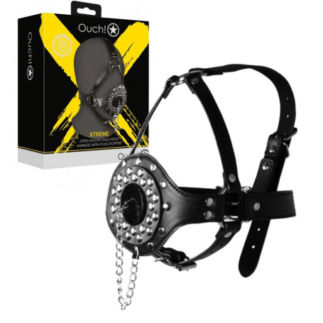 Imbracatura viso con morso tappo bondage Open Mouth Gag Head Harness with Plug Stopper Black