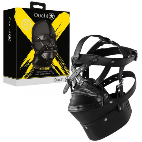 Imbracatura viso con morso bondage Head Harness with Zip-up Mouth and Lock Black