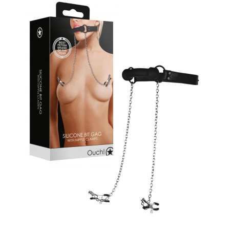 Morso con pinzette per capezzoli Nipple Clamps Black gag