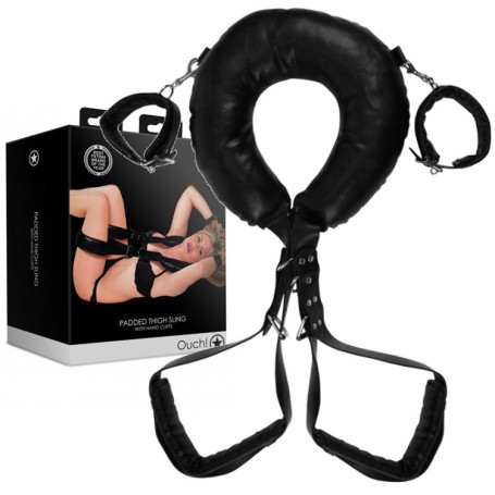 Costrittivo bondage fascia con manette per polsi e cosce Padded Thigh Sling with Hand Cuffs Black