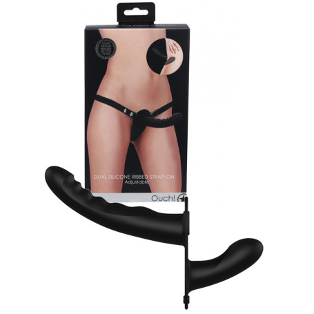 Dildo doppio indossabile in silicone vaginale anale Dual Silicone Ribbed Strap-On Adjustable Black
