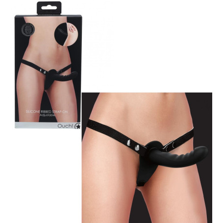 Vibratore vaginale anale indossabile in silicone Vibrating Silicone Ribbed Strap-On Adjustable Black