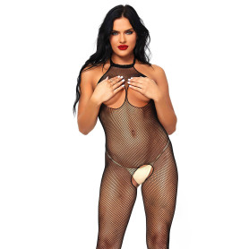 Tutina donna sexy a rete intimo e seno aperto bodystocking fishnet nero catsuit