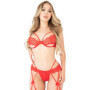 Completo intimo reggiseno in pizzo tanga con reggicalze Unlined bra set with garter red