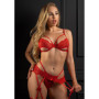 Completo intimo reggiseno in pizzo tanga con reggicalze Unlined bra set with garter red