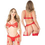 Completo intimo reggiseno in pizzo tanga con reggicalze Unlined bra set with garter red