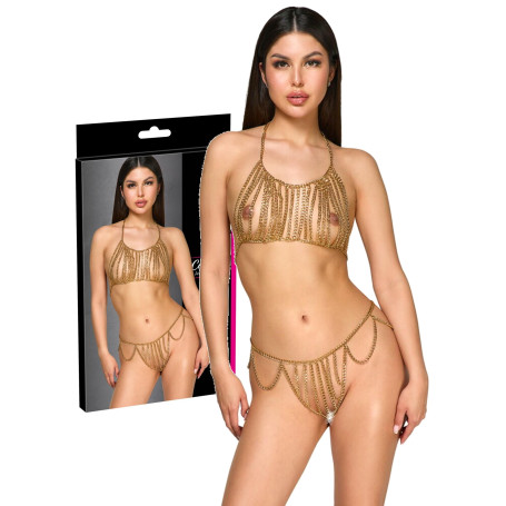 Completo intimo donna 2 pz lingerie erotica in metallo con strass gold regolabile