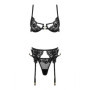 Set intimo erotico in pizzo e raso nero 3 pezzi lingerie sensuale donna