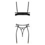 Set intimo erotico in pizzo e raso nero 3 pezzi lingerie sensuale donna