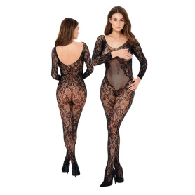 Tutina elasticizzata sexy in pizzo nero bodystocking erotico per lei