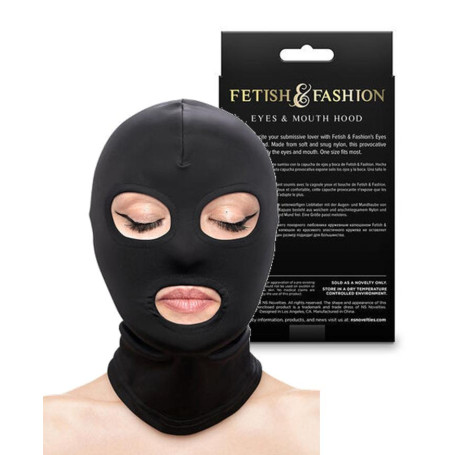 Maschera fetish nera occhi e bocca aperti in nylon taglia unica accessorio bondage