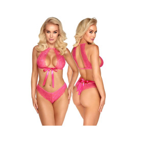 Completo sexy donna in pizzo con fiocco rosa lingerie erotica sensuale