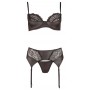 lingerie tre pezzi reggiseno perizoma reggicalze nero con pizzo trasparente sexy