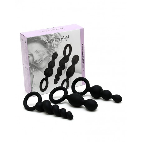 set kit plug fallo anale 3 pz dildo in silicone nero satisfyer butt plugs black