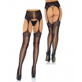 Collant a rete e pizzo neri traparente calze sexy donna in nylon con reggicalze