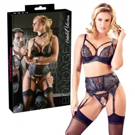 Completo intimo bondage sexy lingerie erotica reggiseno tanga reggicalze nero