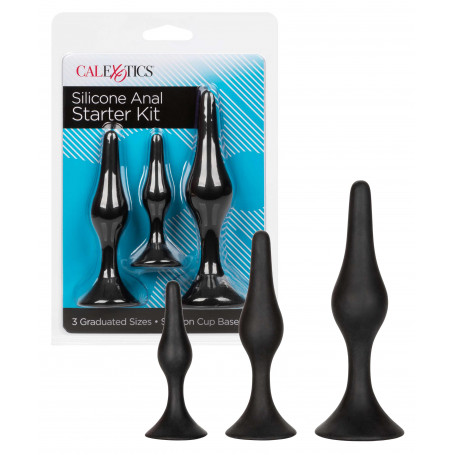 Plug anale kit 3 pz fallo tappo anal butt in silicone morbido nero con ventosa