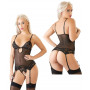 Completo intimo donna sexy guepiere nero trasparente perizoma aperto reggicalze