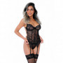 Guepiere donna sexy corsetto con perizoma reggicalze in pizzo nero trasparente