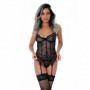 Guepiere donna sexy corsetto con perizoma reggicalze in pizzo nero trasparente