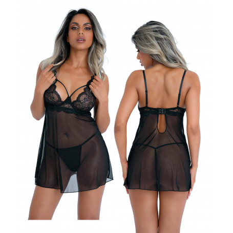 Babydoll sexy nero trasparente con pizzo perizoma tanga lingerie erotica donna