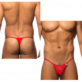 Perizoma intimo uomo in pizzo rosso trasparente sexy tanga G string micro slip