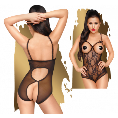 Body velato donna lingerie sexy intimo nero trasparente schiena e seno scoperto