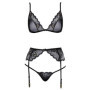 Completo intimo donna set reggiseno tanga reggicalze nero trasparente con pizzo