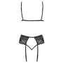 Completo intimo donna set reggiseno tanga reggicalze nero trasparente con pizzo
